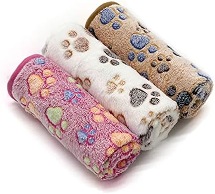SORKUT 1 Pack 3 Puppy Dog Blankets Super Soft Warm Sleep Mat Fluffy Premium Fleece Pet Blanket Flannel Throw for Dog Puppy Cat - Paw Print Beige/Pink/Brown Medium (29"x20")