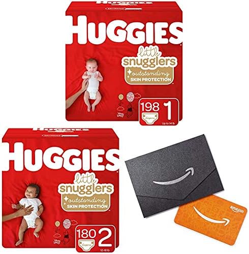 Huggies Little Snugglers Baby Diapers, Size 1, 198 Ct & Size 2, 180 Ct, One Month Supply with Gift Card