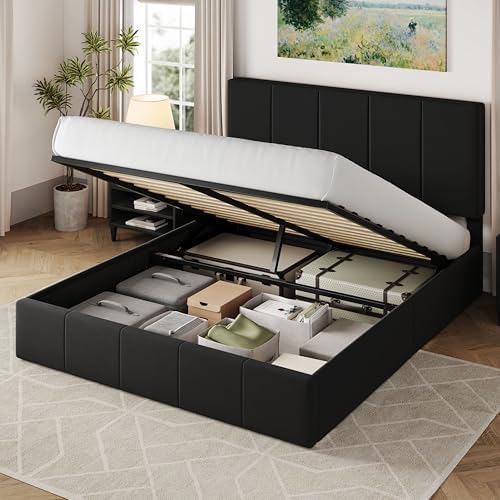 Allewie Queen Size Velvet Lift Up Storage Bed Frame, Vertical Channel Tufted Headboard, Hydrualic Underneath Storage, Upholstered Platform Bed, Wooden Slats Support, No Box Spring Needed, Black