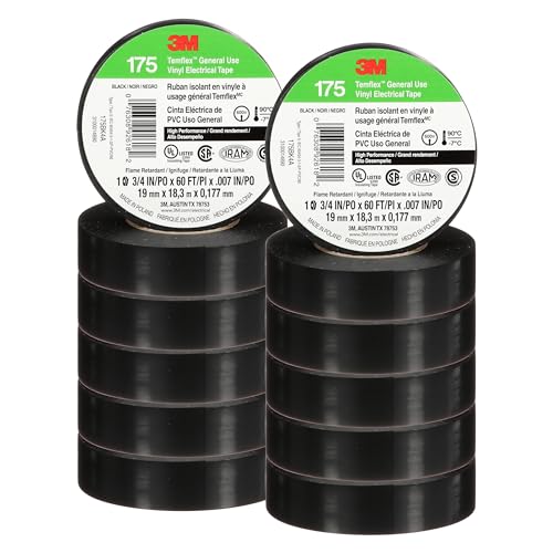 3M Temflex Vinyl Electrical Tape 175, Flame Retardant, Pressure-Sensitive Adhesive, Electrical and Mechanical Protection, Black, 7 mil, 3/4 in x 60 ft, 10 Rolls