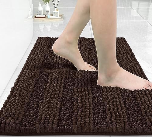 Yimobra Bathroom Rug Mat 32 x 20, Non Slip and Super Absorbent Bath Mat,Machine Washable Quick Dry,Ultra Plush Chenille Shower Rugs for Bathroom Floor Sink Tub and Shower Outside,Brown