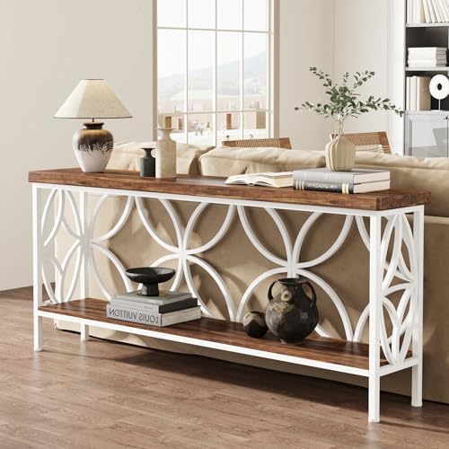 Tribesigns 70.9-Inch Narrow Sofa Table, Industrial Long Sofa Table Behind Couch, Entry Console Table with Storage for Entryway, Living Room, Foyer, Unique Design, Walnut/White