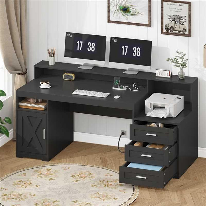 TVU Farmhouse Computer Desk with Drawers, 65'' Home Office Desk with Power Outlets, Storage Cabinet and Printer Stand, Study Writing Desks with Long Monitor Stand, Black