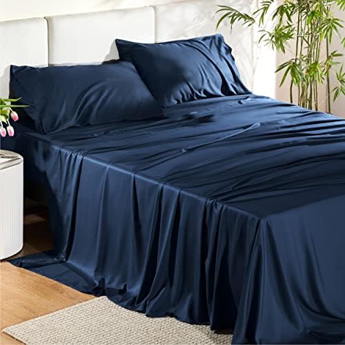 Bedsure Queen Sheet Set, Cooling Sheets for Queen Size Bed Set, Rayon Derived from Bamboo, Breathable & Soft Deep Pocket Up to 16 Inches, Hotel Luxury Silky Bedding, Bedsheet & Pillowcases, Navy