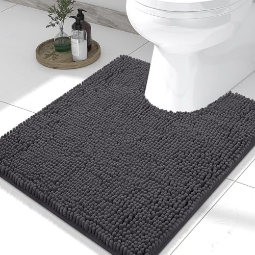 Smiry Luxury Chenille Toilet Rugs U-Shaped 24x20, Soft Absorbent Non-Slip Contour Bathroom Rugs for Toilet, Machine Washable Contoured Bath Mats, Charcoal Grey