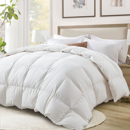 Globon Ultra-Soft Down Feather Comforter California King Size,Luxurious Fluffy Hotel Collection Duvet Insert for All Season,Noiseless Shell,700 Filling Power,Medium Weight with Corner Tabs,White