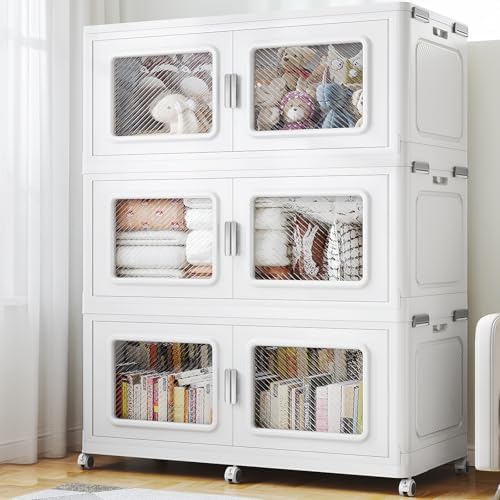 BROVIEW 900 Qt Stackable Storage Bin with Lid, 225Gal Extra Large Collapsible Storage Boxes, Folding Plastic Drawer, Heavy-Duty Store Cabinet, Closet Organizer for Home Kitchen, 3 Pack White