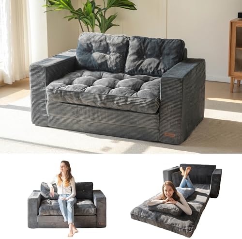 MAXYOYO Convertible Sofa Bed, Pull Out Loveseat Sleeper Sofa, 2 in 1 Folding Couch Bed, Fold Out Floor Couch with Pillows for Living Room Bedroom Lounge, Dark Grey