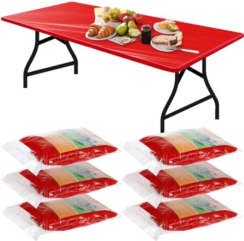 Boao 6 Pcs Disposable Plastic Tablecloth Parties Picnic Table Covers with Elastic Fitted Elastic Plastic Table Cover Rectangle Waterproof for Indoor, Outdoor, Picnic, Camping (Red,72 x 30 Inch)