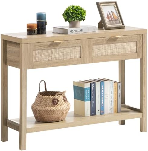 SICOTAS Rattan Console Table for Entryway - Boho Entryway Table with Storage and Drawers, Small Entry Tables for Hallway Behind Couch Table Sofa Table