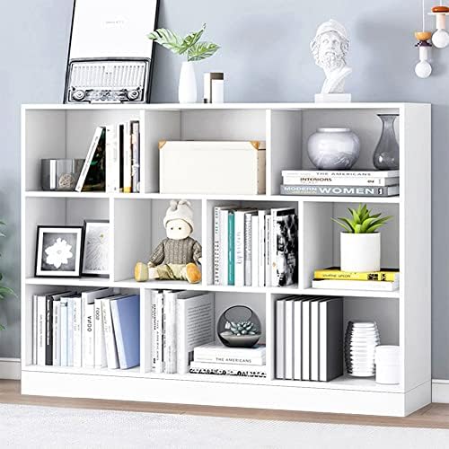 IOTXY Open Shelf Low Bookcase - Wooden 3-Tier Floor Standing Display Cabinet Organizer with Base, 10 Cubes Short Horizontal Bookshelf in Warm White