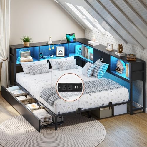 DICTAC Full Corner Bed Frame with Bookcase Storage and Led Lights Metal Platform Bed Frame Full Size with Storage Drawers & Charging Station Full Size Daybed for Living Room,Bedroom,Guest Room,Black