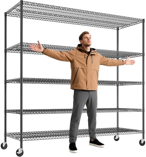 REIBII 85.7"H Storage Shelves 2998LBS Metal Shelving Units with Wheels&Feet, 5 Tier Garage Shelving Heavy Duty Adjustable Wire Shelf for Pantry Garage Commercial Industrials, 85.7"H X 55.5"W X 24.2"D