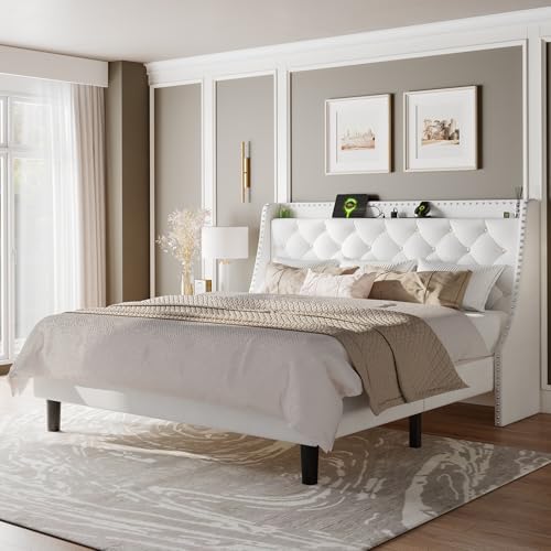Feonase King Size Bed Frame with Velvet Luxury Wingback and Fast Charging Station,King Upholstered Button Tufted Storage Headboard Platform Bed,Sturdy Wooden Slats Support,Easy Assembly,White