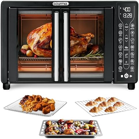 Gourmia Toaster Oven Air Fryer Combo 17 cooking presets 1700W french door digital air fryer oven 24L capacity accessories, convection rack, baking pan tray recipe book GTF7460,Large,Black