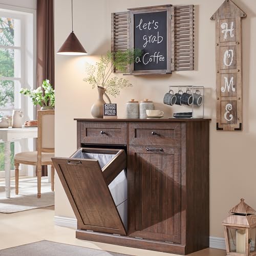 Double Tilt Out Trash Cabinet, 20 Gallon Farmhouse Laundry Hamper Cabinet with 2 Drawers, Hidden Wooden Trash Can Cabinets with Storage Basket for Kitchen, Living Room (Brown)