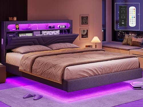 Floating Bed Frame Full Size with RGB LED Lights Headboard, USB-C/A Power Combo, Linen Upholstered Platform Bed with Storage Headboard, Innovative Stable Structure, Dark Gray