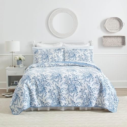 Laura Ashley - King Quilt Set, Soft & Reversible Cotton Floral Bedding with a Medium Weight Feel, 3 Piece Bed Set with Matching Pillowcases (Bedford Delft Blue)