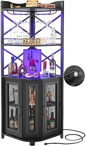 Aheaplus Corner Bar Cabinet with Power Outlet, Industrial Wine Cabinet with LED Strip and Glass Holder, 5-Tiers Liquor Cabinets Bar Unit for Home, Corner Display Cabinets for Small Space, Black
