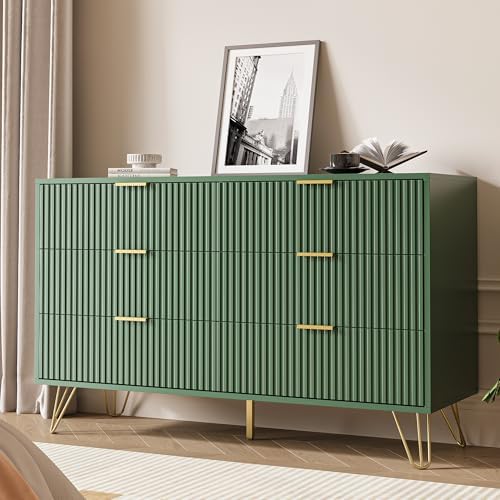 Green Dresser for Bedroom, Modern Dresser with Gold Metal Handles & Chests of Drawers, Wood Chest of Drawers for Bedroom