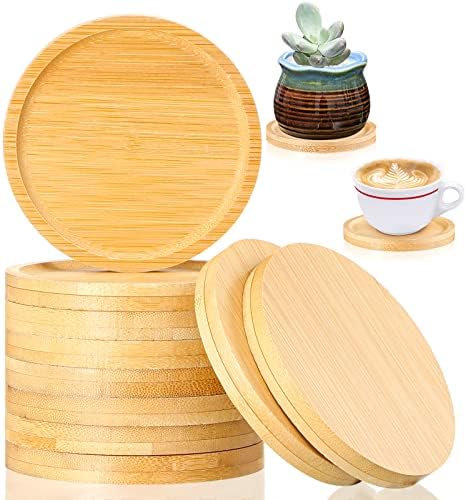 Patelai 10 Pcs Round Bamboo Coasters for Planters Small Plant Saucer 3.74 Inch Bamboo Planter Drink Saucer Trays DIY Resin Coasters Gifts Tabletop Planters Protection Decoration