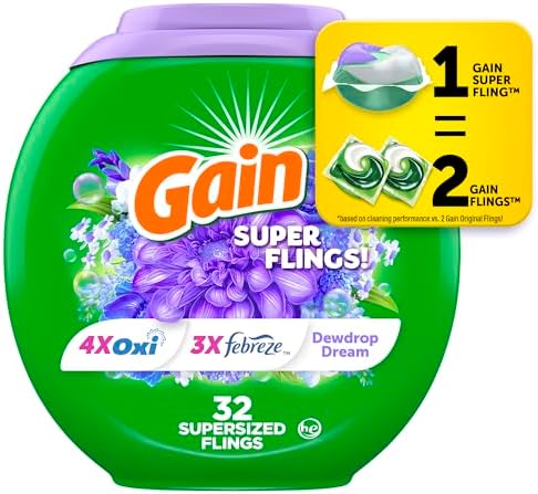 Gain Super Sized Flings Laundry Detergent Pacs, 32 Count, Dewdrop Dream Scent