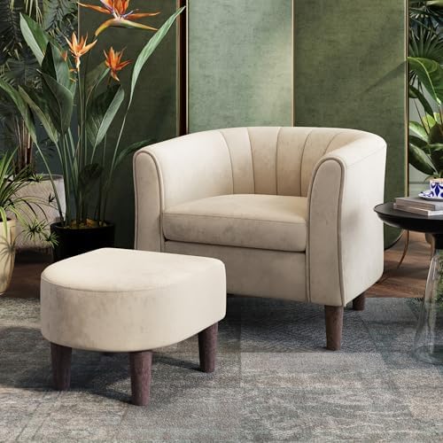 LINSY Accent Chair with Ottoman, Modern Armchair Comfy Barrel Reading Chair with Footrest for Living Room Bedroom Reading Room, Velvet, Beige