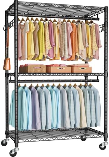 FUTASSI P1 Plus Rolling Clothes Rack, 22mm Diameter Heavy Duty Garment Rack with Wheels, Portable Closet Wardrobe with Double Rods, 45" W x 17.7" D x 80.5" H, Max Load 524 LBS, Black