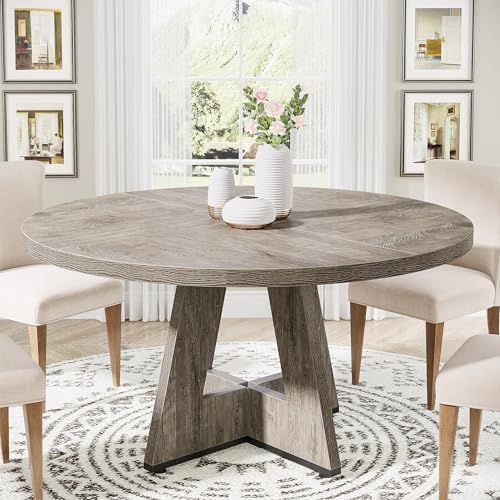 Tribesigns Round Dining Table Wood Kitchen Table for Dining Room, 47" Dinning Room Tables for 4 Adult, Farmhouse Dinner Table with Wooden Tabletop and Cross Base, Rustic Grey