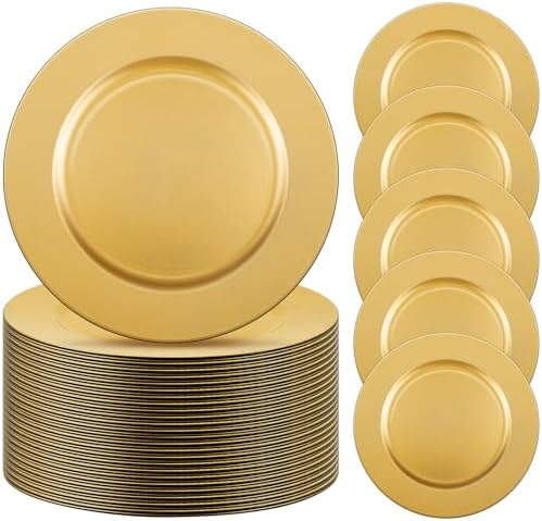 Tanlade 50 Pcs 13 Inch Charger Plates Bulk Round Wedding Chargers Plastic Dinner Plates for Table Setting Wedding Party Decoration (Gold)