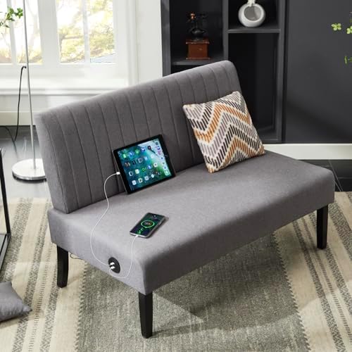 STHOUYN Mini Small Comfy Couch Armless Loveseat Sofa for Bedroom with USB Port, Velvet Couches for Small Spaces Living Room, Apartment Office Dorm (Grey)