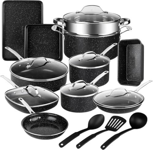 GRANITESTONE 20 Pc Complete Pots and Pans Set Non Stick Cookware Set with Saute Pan, Bakeware, Steamer, Cooking Utensils, Made Without PFOA PFOS, Oven and Dishwasher Safe
