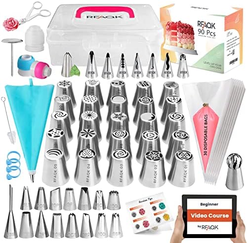 90 Pieces Russian Piping Tips Set, Includes Piping Bags and Tips Set,25 Russian Tips,16 Icing Tips,7 Ruffle Piping Tips, Ball Tip, 31 Pastry Bags & Video Course for Cookie, Cupcake & Cake Decoration