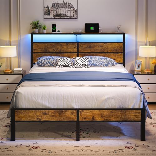 Queen Size Bed Frame, Queen Bed with Charging Station Headboard and LED Lights, Platform Bed with Metal Slats, No Box Spring Needed