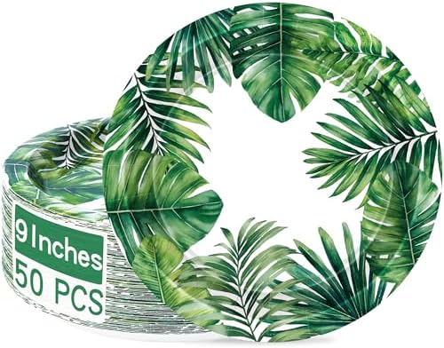 QZYL 50 PCS Hawaiian Luau Party Paper Plates, 9 IN Round Disposable Green Palm Leaf Dinner Plates for Tropical Themed Events Hawaiian Party Decorations Summer Gatherings Supplies