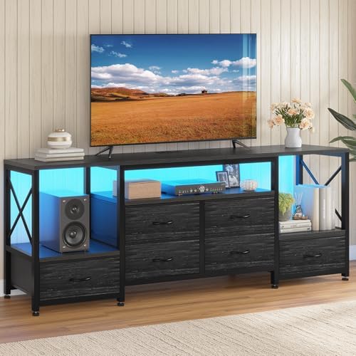 TV Stand for 75 Inch TV, Entertainment Center with LED Light & Power Outlets,63" Industrial TV Stand with 6 Fabric Drawers for Bedroom,Charcoal Black Wood Grain Print