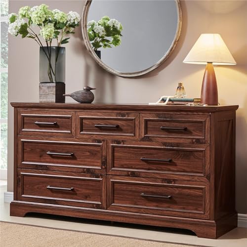 ACCOHOHO 7 Drawer Dresser, Farmhouse Chest of Drawers for Bedroom, 52" Wide Dresser TV Stand with Large Metal Handles, Wood Drawer Organizer for Living Room, Hallway - Brown