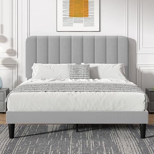 VECELO Full Size Bed Frame with Upholstered Headboard, Velvet Platform Bedframe Mattress Foundation, Strong Wood Slat Support, No Box Spring Needed,Light Grey