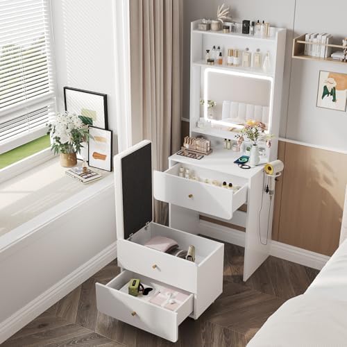Vabches Make Up Vanity Desk with Mirror and Lights, White Vanity Table Set with Charger Station,Girls Small Vanity and Storage Chair