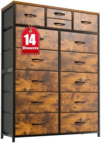EnHomee 14 Drawer Dresser, Dressers for Bedroom, Large Bedroom Dressers & Chests of Drawers, Sturdy Metal Frame & Wood Top, Easy Assembly, Living Room, Rustic Brown