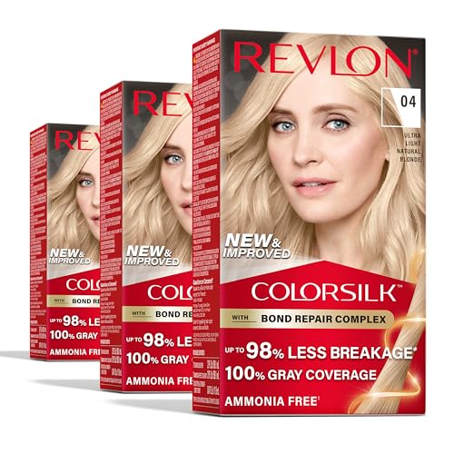 Revlon ColorSilk with Bond Repair Complex, Permanent Hair Color, 100% Gray Coverage, Ammonia Free Hair Dye, Vegan Keratin, 04 Ultra Light Natural Blonde (Pack of 3)