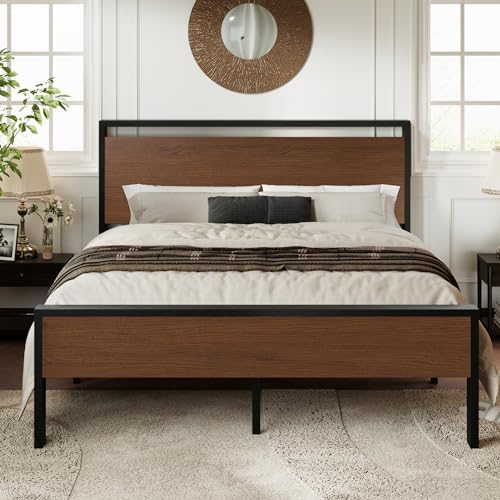 Allewie Queen Size Platform Bed Frame with Wooden Headboard and Footboard, Heavy Duty 12 Metal Slats Support, No Box Spring Needed, Under-Bed Storage, Noise Free, Easy Assembly, Walnut