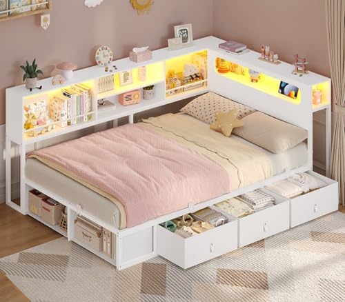 ADORNEVE Twin Corner Bed Frame with Bookcase Storage & LED Light Headboard, Charging Station, Metal Daybed with 3 Drawers & 2 Open Cubbies, for Small Bedrooms, White