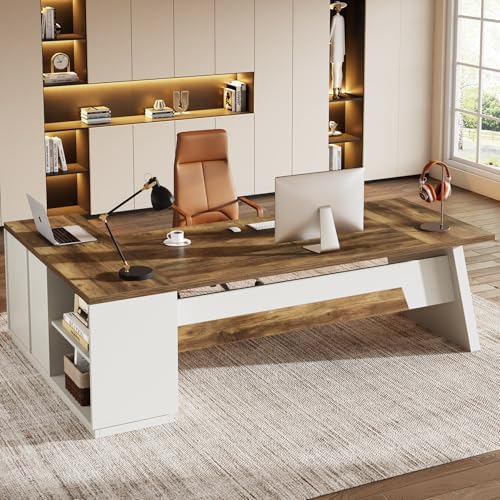 Tribesigns 78" L-Shaped Executive Desk, Large Modern Office Desk with Drawers and Lateral File Cabinet, Business Furniture with Storage Shelves, Big Computer Desk for Home Office (Brown + White)