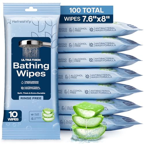 Bathing Wipes Ultra Thick, Fresh Shower Wipe | Shower & Bath Alternative | Body Wipes for Adults Bathing No Rinse | Microwavable with Aloe & Vitamin E | 10 Packs - 100 Ct