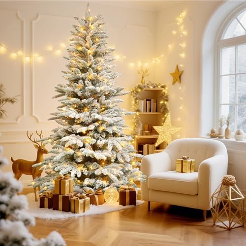Alupssuc 6ft Prelit Artificial Hinged Layered Snow Flocked Christmas Tree with Remote, 380 Pre-Lit Multi-Color RGB Lights and 1045 PE & PVC Branch Tips, Perfect Choice for Xmas Decoration, 6 FT