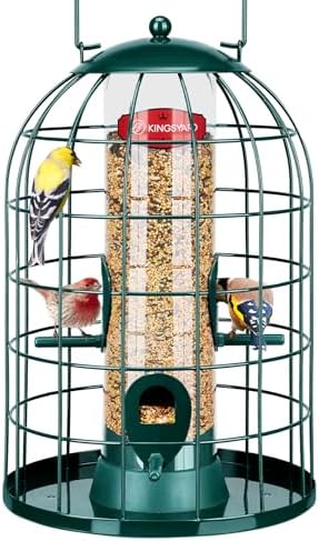 Kingsyard Caged Bird Feeder for Outdoor Hanging - Upgraded Metal Bird Feeder for Small Birds, Detachable Tube Feeder with 4 Feeding Ports & Perches, Easy to Clean & Refill, Green