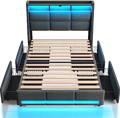 Rolanstar Twin Size Bed Frame with LED Lights and Charging Station, Upholstered Bed Storage Headboard & Drawers, Heavy Duty Wood Slats, Easy Assembly