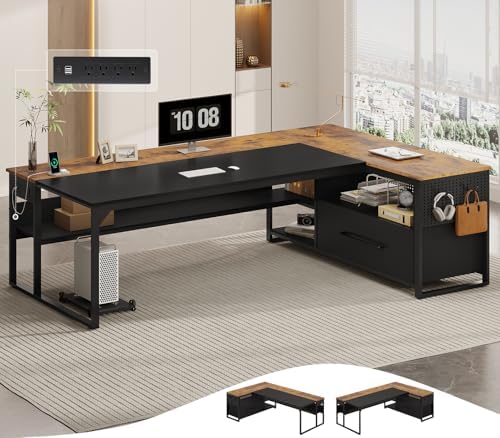 71" Executive Desk, Large Office Desk with Widen File Drawers & Power Outlets, Reversible L Shaped Computer Desk Corner Desk with Storage Shelves, CPU Stand, Hooks, Business Furniture