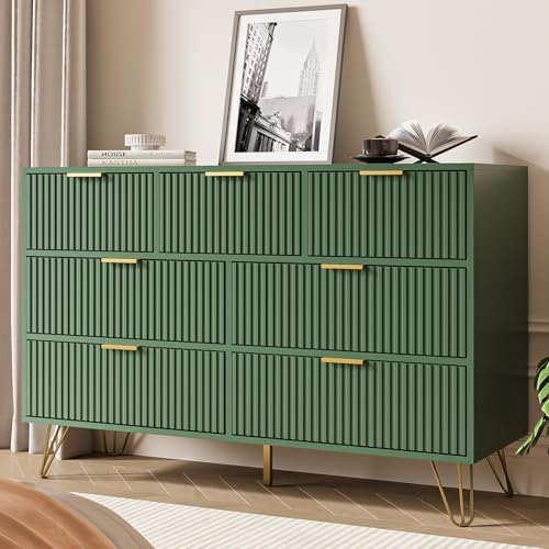 Green Dresser for Bedroom, 7 Drawer Dresser with Gold Pulls, Wide Chest of Drawers for Bedroom, Entryway, 47.2" L x 15.7" D x 31.4" H